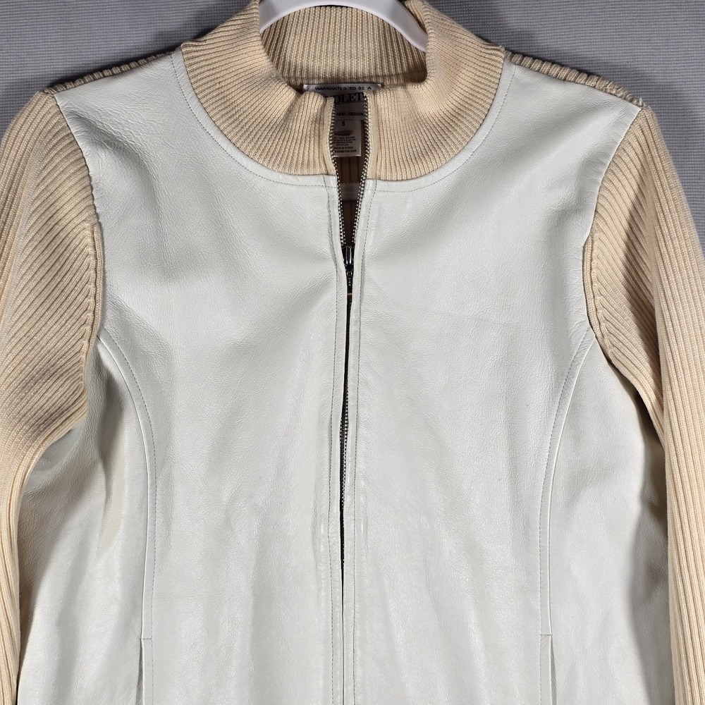 Pendleton Womens S Leather Front Merino Wool Knit Jacket Beige‎ Cream Zip Up...